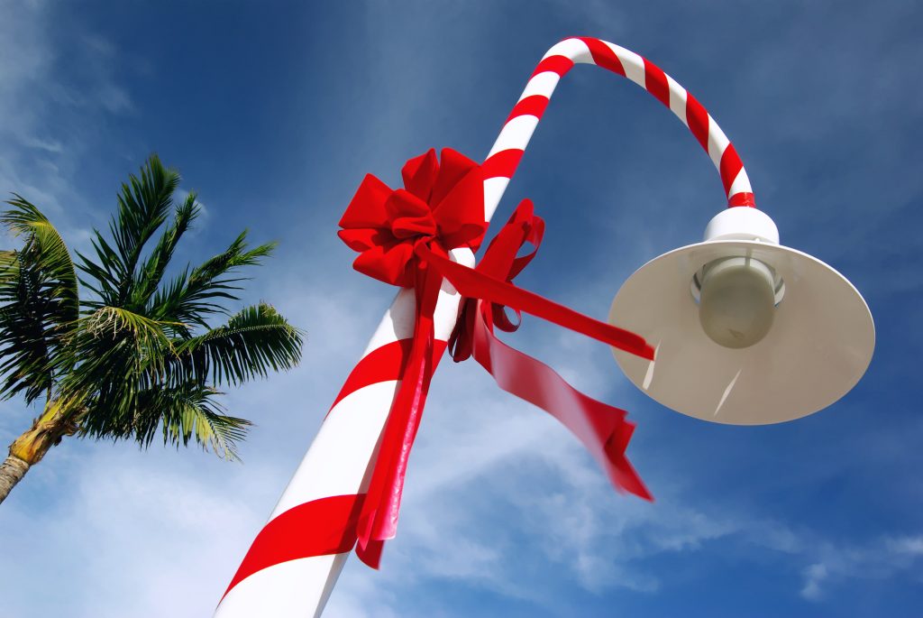 Light pole with candy cane decoration for Christmas in Key West